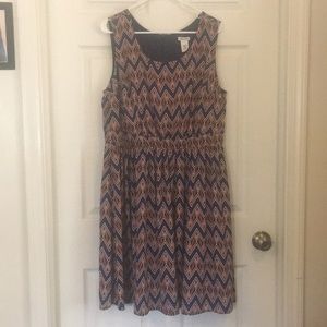 1X A-Line Dress w/ Navy & Orange Geometric Pattern